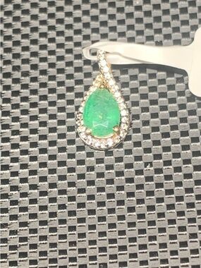 Green Teardrop Emerald Pendant Necklace with White Topaz Crystal Halo
